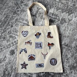 Beige Tote Bag with Western Patches